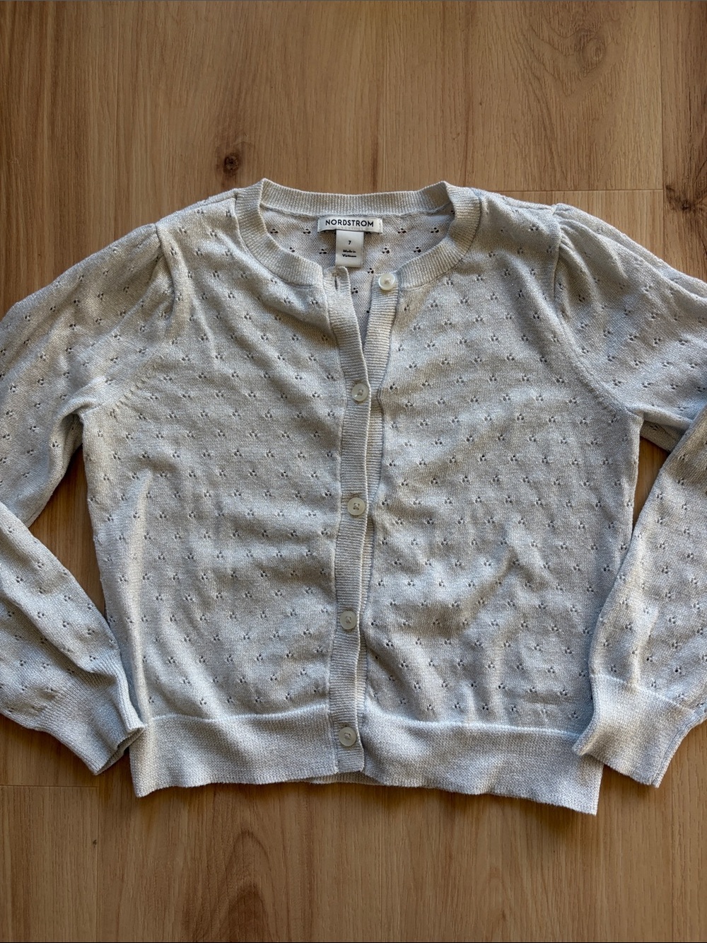 Nordstrom Kid’s Silver Metallic Pointelle Crewneck Cardigan